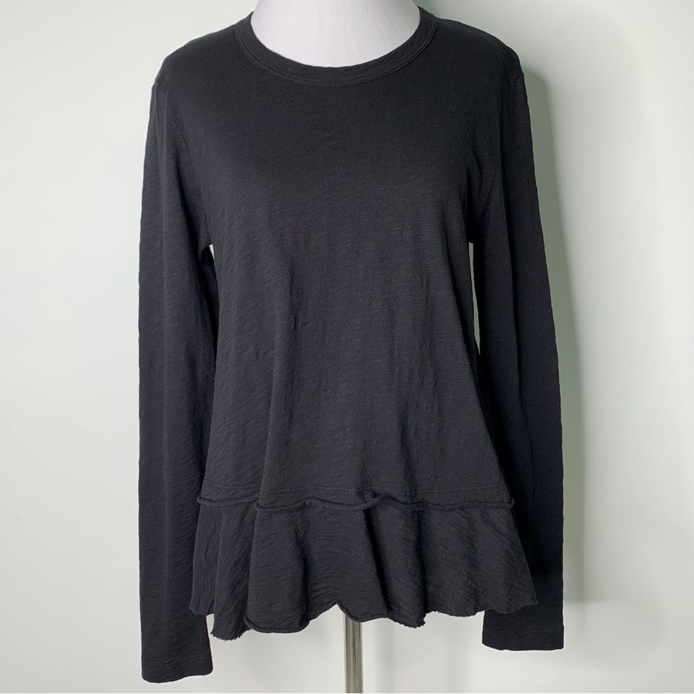 WILT #W034816 Women's Black Ruffled Stretch Crew Neck Long Sleeve Blouse Size XS